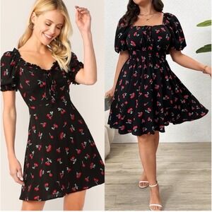 Liberty Love Cherry Coquette Dress 1XL Smocked Waist Puff Sleeve Tiered Black